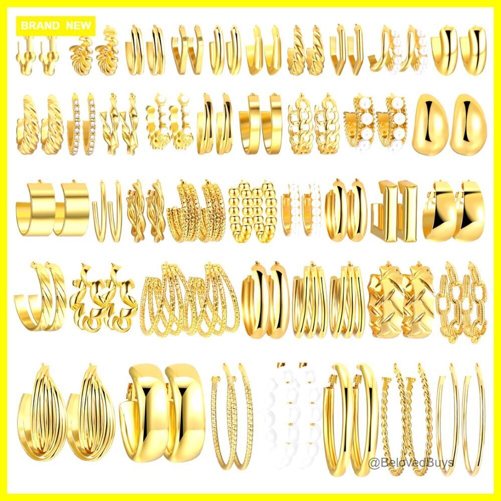 Gold Hoop Earrings Set, 42 Pairs Multipack, Hypoallergenic Statement Earrings